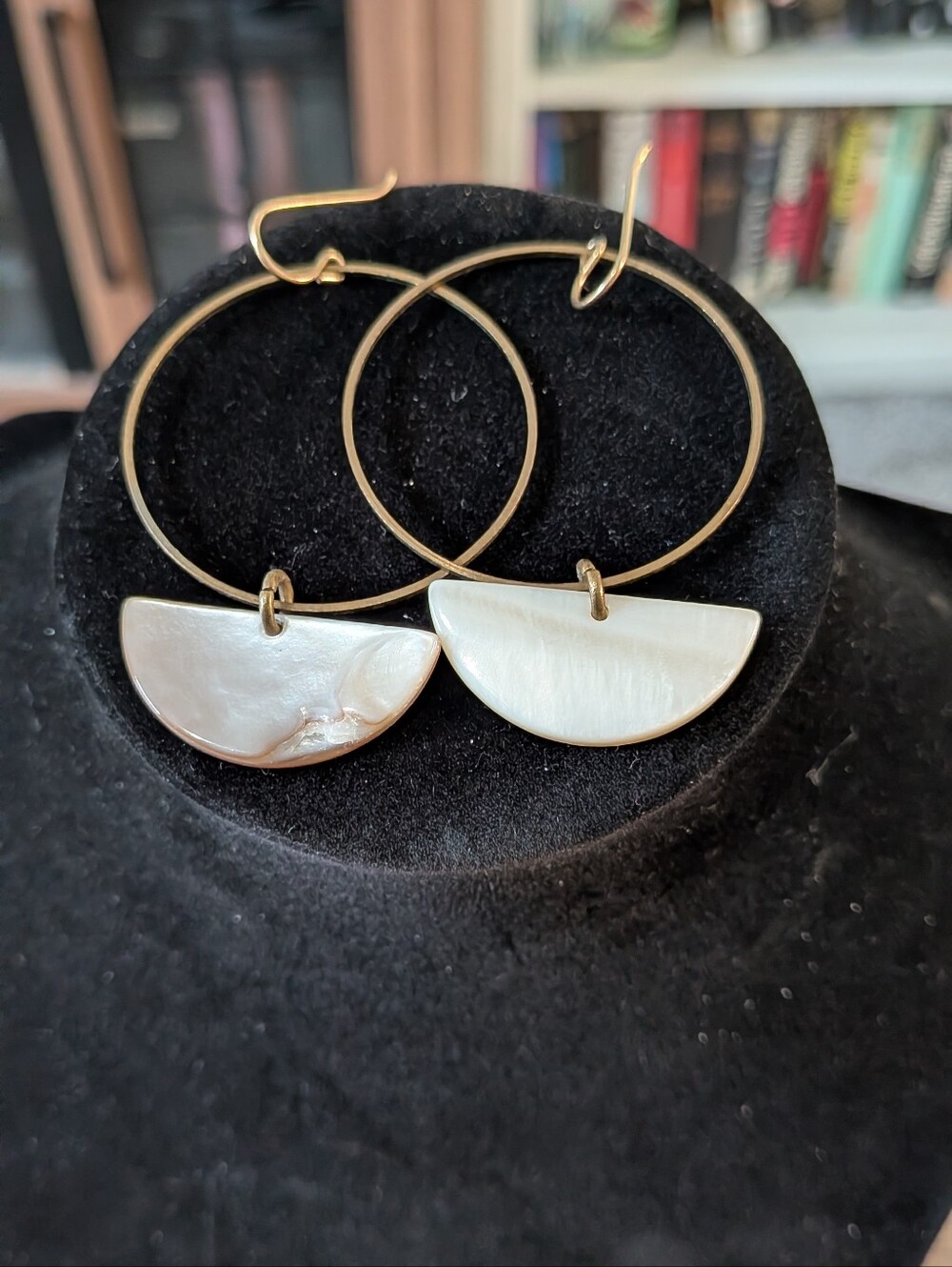 Gold Hoop Earrings with Mother-of-Pearl Half-Moon Drops